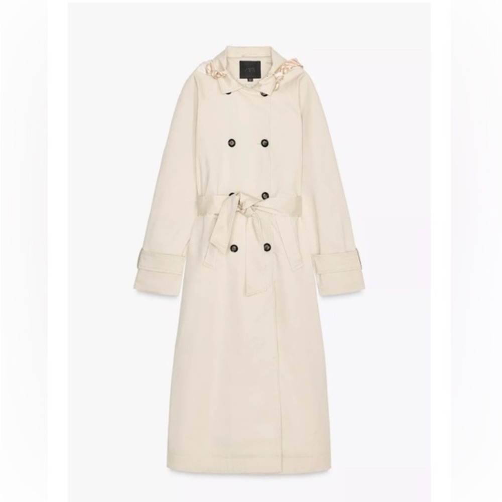 New Zara Tan Scarf Trench Long Coat Jacket Light Beige. Size M - Picture 1 of 8